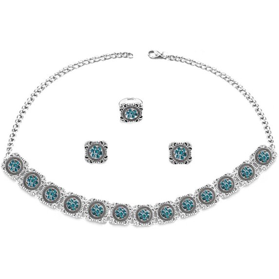 Vintage Ethnic Indian Jewellery Set for Women Traditional Bollywood Oxidized Choker Necklace Crystal Stud Earring Open Ring Cubic Zirconia Bohemian Daily Wear Parties Wedding Jewelry Xmas