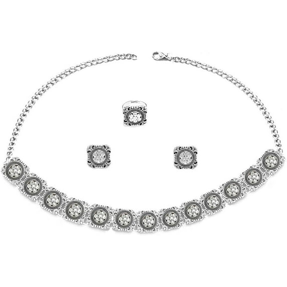 Vintage Ethnic Indian Jewellery Set for Women Traditional Bollywood Oxidized Choker Necklace Crystal Stud Earring Open Ring Cubic Zirconia Bohemian Daily Wear Parties Wedding Jewelry Xmas