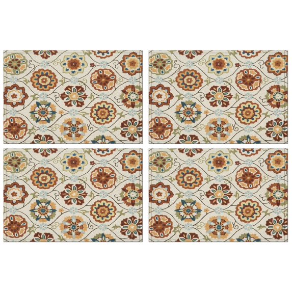 Vintage Ethnic Jute Placemats Set of 4, 12x18 Inch Boho Pattern Table Mats, Washable Retro Decor for Artistic Dining Room or Rustic Kitchen