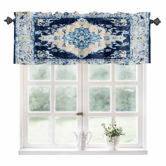 Vintage Ethnic Kitchen Valances for Windows 42x18 Inch Kitchen Curtains Valances Rod Pocket Boho Tribes Modern Blue Middle Century Bathroom Window Valances for Window Treatment Decor