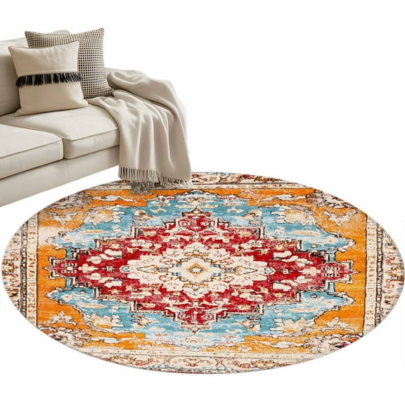 Vintage Ethnic Round Area Rug 4 FT, Non Slip Indoor Outdoor Rug, Boho Tribes Modern Orange Middle Century Washable Soft Circular Carpet Non-Shedding Floor Mat for Coffee Table Nursery Foyer Balcony