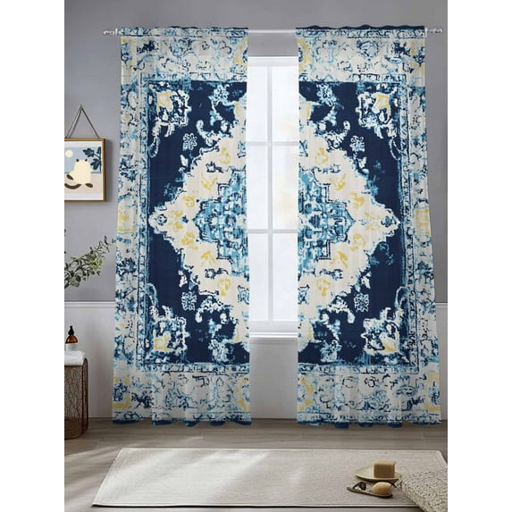 Vintage Ethnic Sheer Curtains for Living Room Bedroom Boho Tribes Modern Blue Middle Century Sheer Curtains 108 Inch Long 2 Panels Set Light Filtering Curtain Window Treatments Drapes for Dining Room