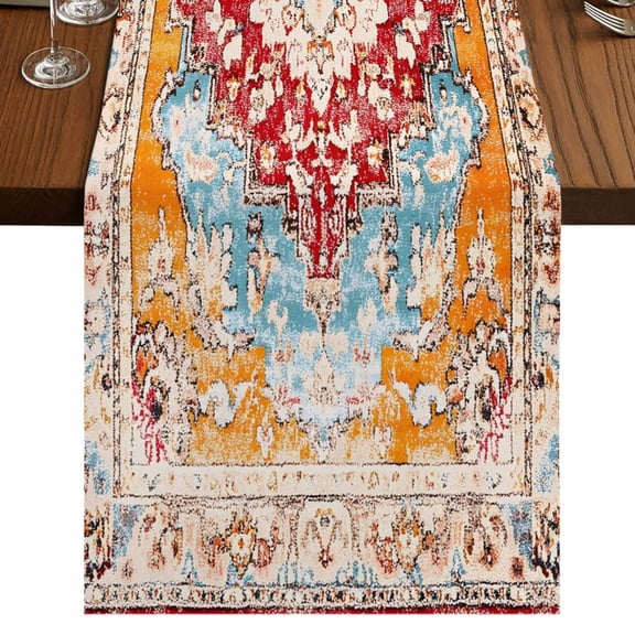 Vintage Ethnic Short Table Runner 36 Inches Long,Boho Tribes Modern Orange Middle Century Cotton Linen Table Runners Dresser Scarves,Tabletop Scarf Furniture Cover for Home Dinner Party Decor 13"x36"