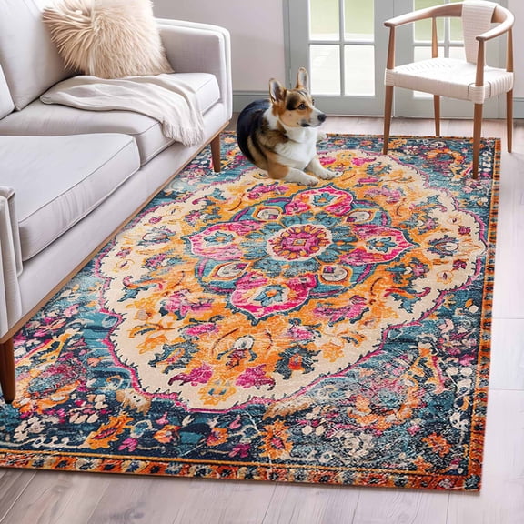 Vintage Ethnic Style Abstract Medieval Area Rugs 3x5 ft RetroTurkish Texture Washable Rug Non Slip Indoor Carpet Absorbent Floor Mat for Living Room Bedroom Dining Room