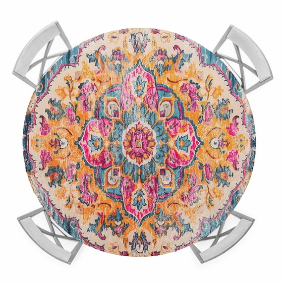 Vintage Ethnic Style Abstract Medieval Elastic Fitted Round Table Cover RetroTurkish Texture Waterproof Outdoor Tablecloth for Holiday Party, Picnic, Patio & Dining Fits Tables Up to 36"-44"