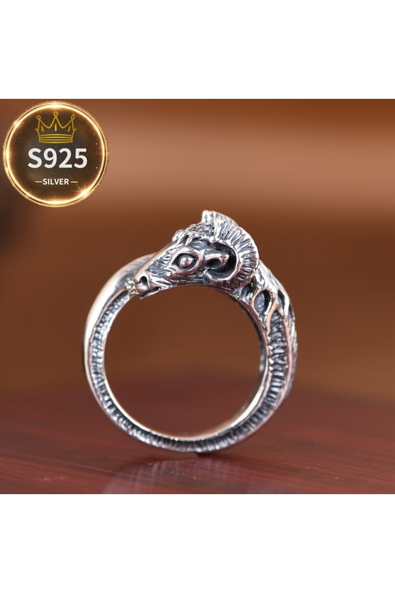 Vintage Ethnic Style Aries Goat Head Pure Ring, S925 Silver Personality Trendy Open Ring, Same Ring for Men and Women, Silver,925 Silver