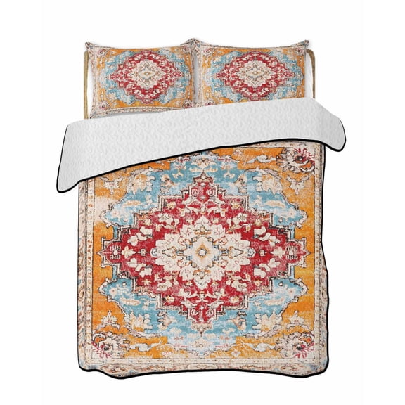 Vintage Ethnic Summer Quilt Set Twin Size,Soft Quilted Bedding Set with 2 Pillow Shams,Boho Tribes Modern Orange Middle Century Lightweight All Season Bedspread Coverlet for Bedroom 68"x86"