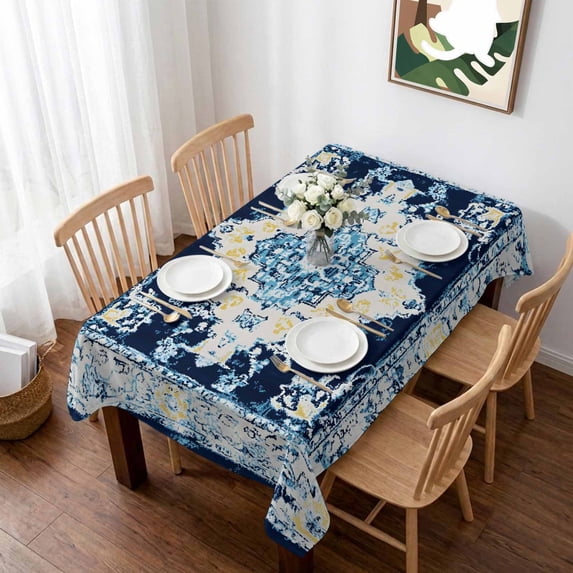 Vintage Ethnic Table Cloth Waterproof Tablecloths, Boho Tribes Modern Blue Middle Century Tablecloth Dining Table Cover for Kitchen Party Tabletop Outdoor, Rectangle Tablecloth 60x84 Inch