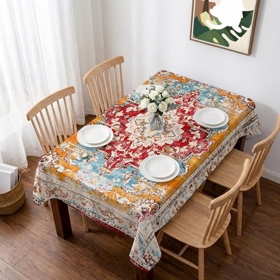 Vintage Ethnic Table Cloth Waterproof Tablecloths, Boho Tribes Modern Orange Middle Century Tablecloth Dining Table Cover for Kitchen Party Tabletop Outdoor, Rectangle Tablecloth 60x84 Inch