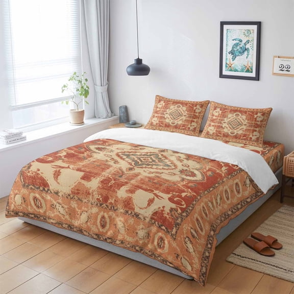 Vintage Ethnic Tribal Floral King Size Bed Set,Traditional Oriental Orange Bedding for All Seasons,4 Pcs Bed Set with 1 Quiltcover (104"x90"),1 Sheet (108"x98"),2 Pillowcases (20"x36")