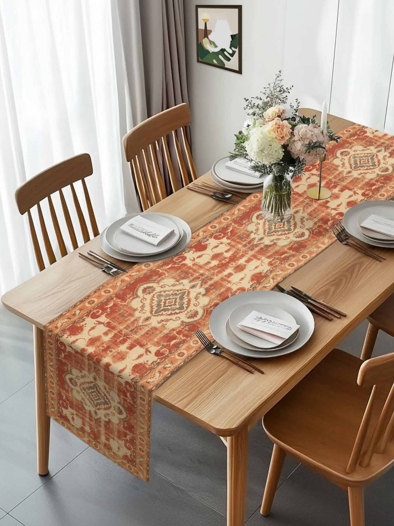 Vintage Ethnic Tribal Floral Table Runner 90 Inches Long, Traditional Oriental Orange Table Runners Tabletop Scarf Kitchen Dining Tables Decoration for Home Party Indoor Outdoor