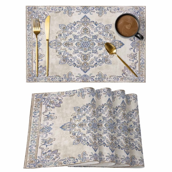 Vintage Ethnic Wind Flowers Placemats Set of 6,Wipeable Washable Table Mats for Dining Tables, Bohemian Floral Patterns Place Mats for Kitchen Event Party Tabletop Decor