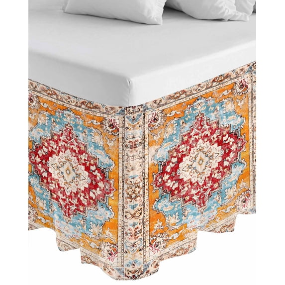 Vintage Ethnic Wrap Around Bed Skirts for California King Bed 18" Drop,Bed Skirt with Adjustable Elastic Belt Dust Ruffle Bed Valance Boho Tribes Modern Orange Middle Century Bed Frame Cover