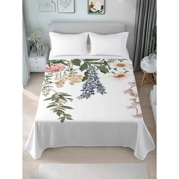 Vintage Eucalyptus Queen Size Flat Sheet, Wrinkleproof & Fadeproof Cooling Flat Bed Sheet Only, Watercolor Floral Leaves Breathable Soft Bedding Top Sheets 90 x 102 Inches