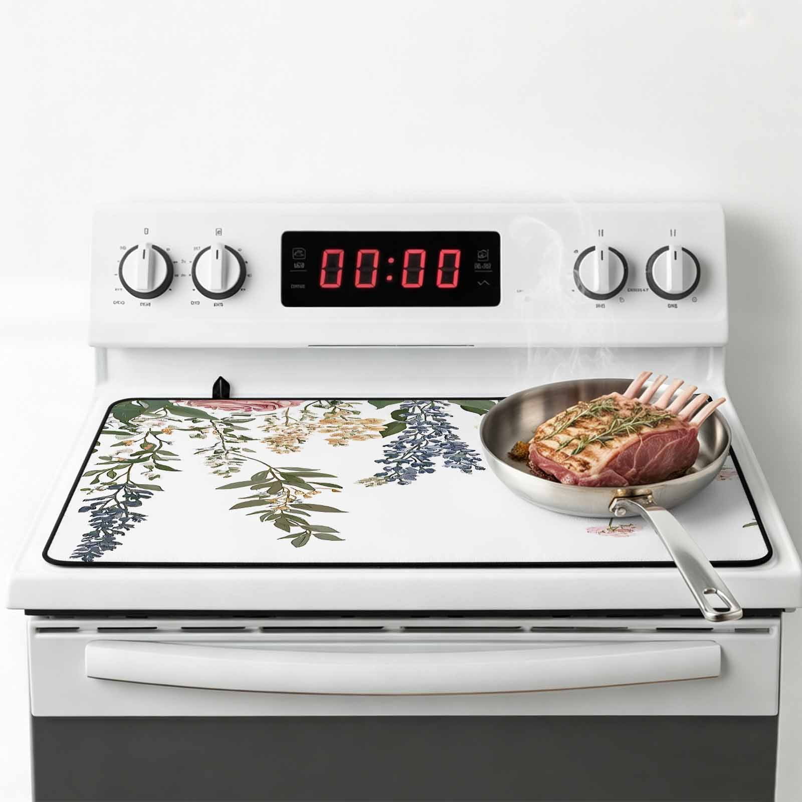 Vintage Eucalyptus Stove Top Cover for Electric Stove, Heat-proof & Non Slip Glass Top Stove Cover Protector, Watercolor Floral Leaves Kitchen Flat Cooktop Rubber Mat 24x21 Inches