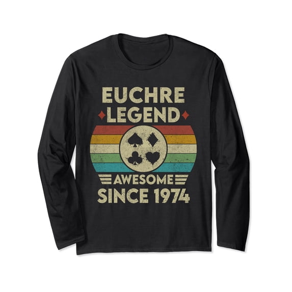 Vintage Euchre Legend 49 Years Old Long Sleeve T-Shirt with Colorful Playing Card Design