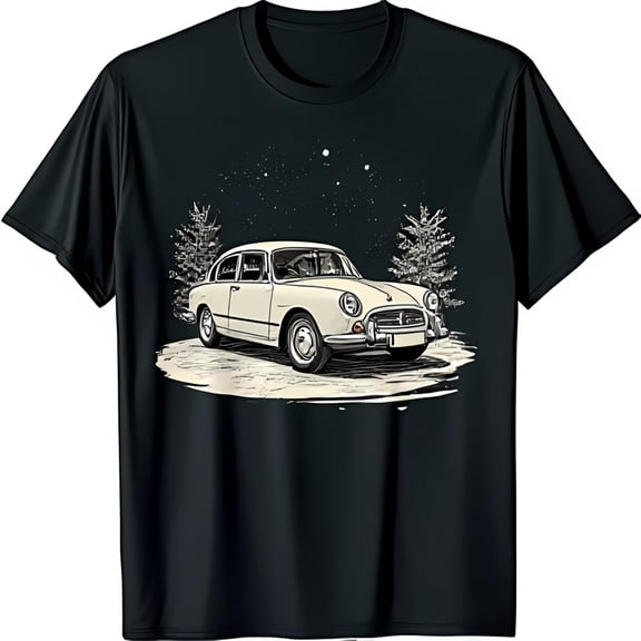 Vintage European Car Graphic T-Shirt in Snowy Scene Classic Winter Design