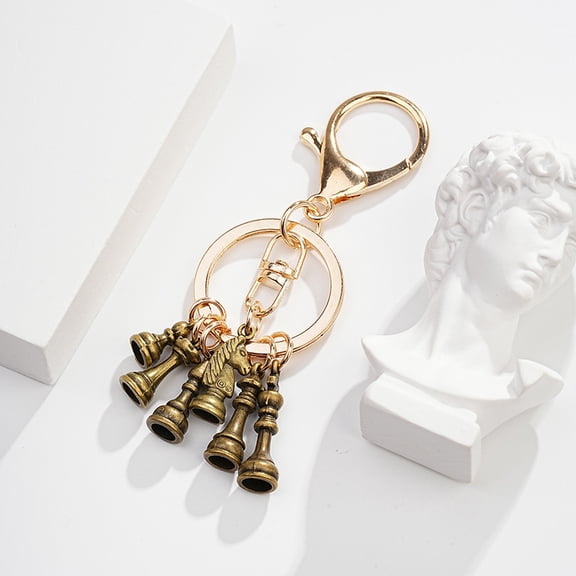 Vintage European Chess Piece Keychain - Metal Plated Charm Keyring,Gold