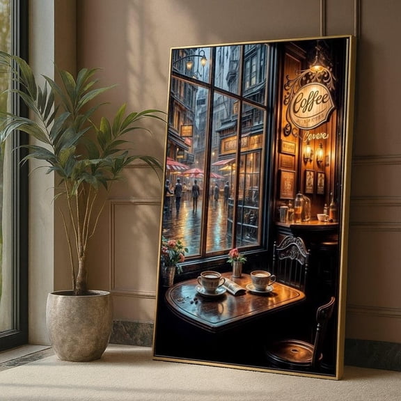 Vintage European Coffee Shop Canvas Wall Art Cozy Cafe Scene - 8x12 UNFRAMED