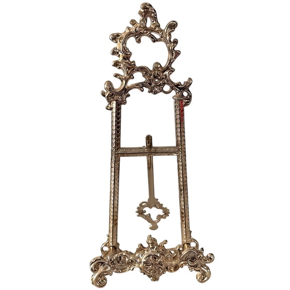 Vintage European Metal Plate Display Easel Stand, Ornate Carved Tabletop Picture Frame Holder, Adjustable Decorative Rack for Wedding Home Living Room Bathroom Countertop Display