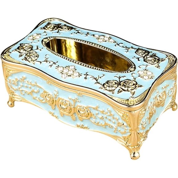 Vintage European Tissue Box Cover, Rectangle Rose Pattern Long Tissue Holder for Bathroom Vanity, Bedroom Dresser, Nightstand & Table(RL Gold Light Blue 1 PC)
