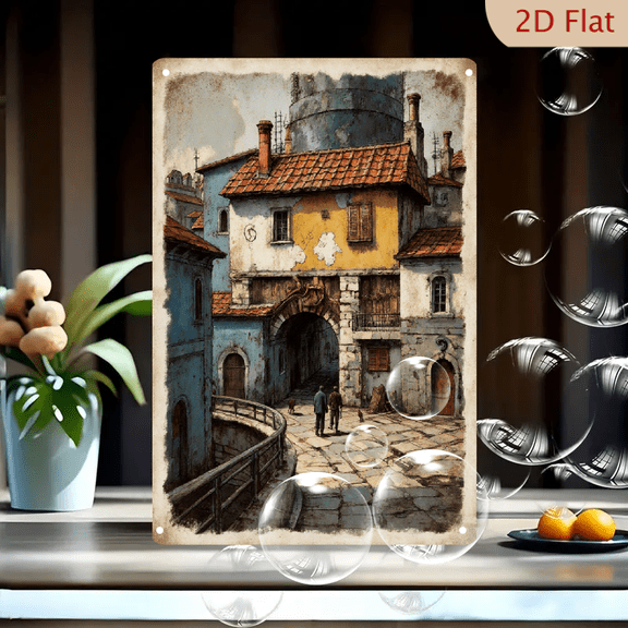 Vintage European Village Scene, 8x12 Inches Metal Wall Art, Old World Cobblestone Street with Yellow House and Tower, Colorful Weathered Buildings, Painterly Style for Home Decor