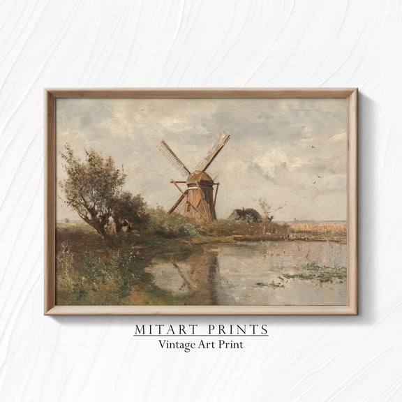 Vintage European Windmill Landscape, Unframed Paper Poster 8x10in