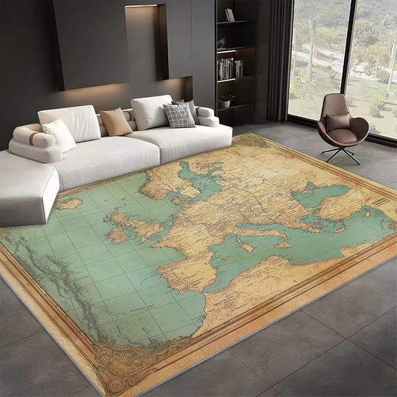 Vintage European World Map Area Rugs, Classic Map Carpet, Washable Non Slip Low Pile Soft Rug for Living Room Bedroom Dining Room Office Home Decor Mat 5x8ft