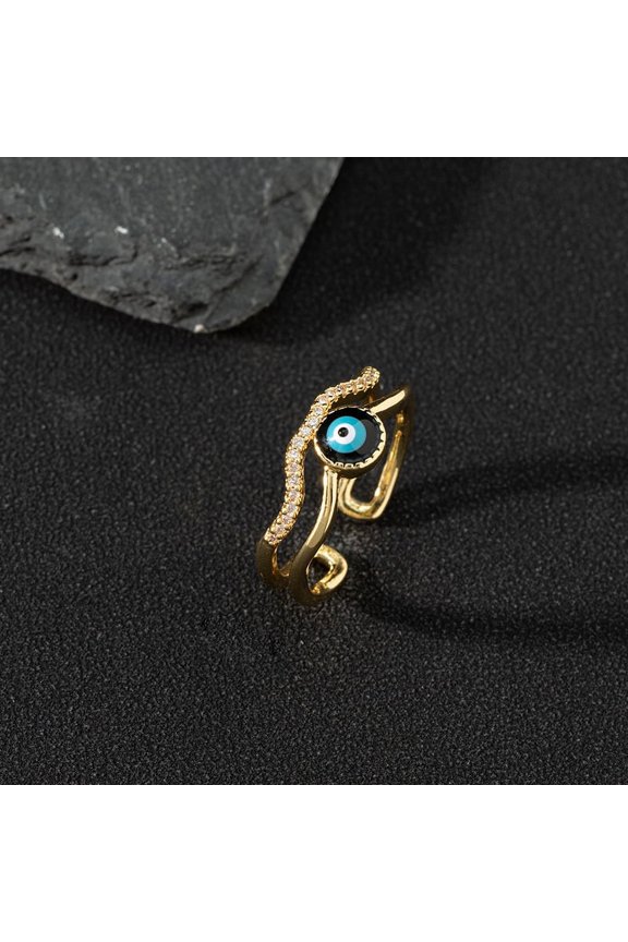 Vintage Evil Eye Enamel Ring for Women - Adjustable Open Tail Ring with Copper Zircon