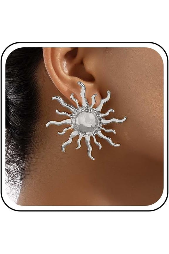Vintage Exaggerated Sun Earrings Gold Big Sunburst Earrings Large Metal Sunray Earring Boho Sunshine Statement Studs Jewelry for Women