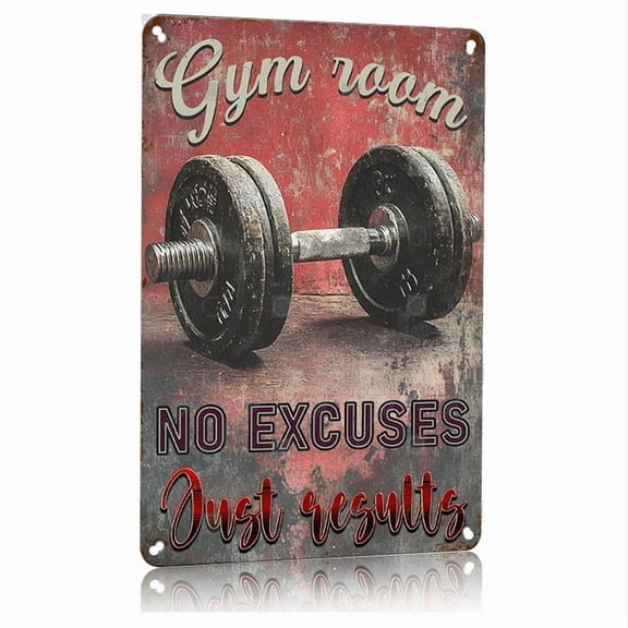 Vintage No Excuses Just Results Gym Wall Art Motivational Metal Sign Poster for Home Gym Office Fitness Decor 8x12 Inch Aluminum Sign with Dumbbell Workout Theme