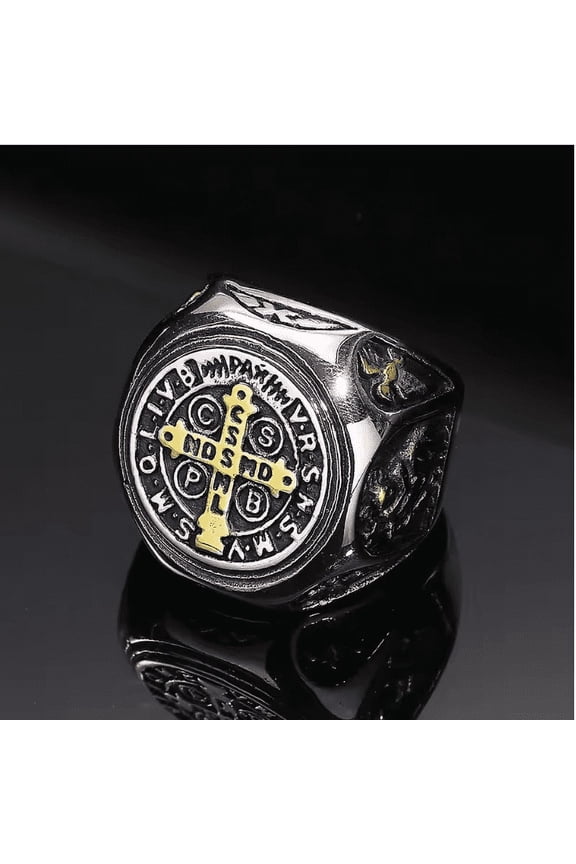 Vintage Exorcism Saint Benedict Cspb Cross Ring Men Punk Amulet Christianity Rings 14K White Gold Jewelry Gift