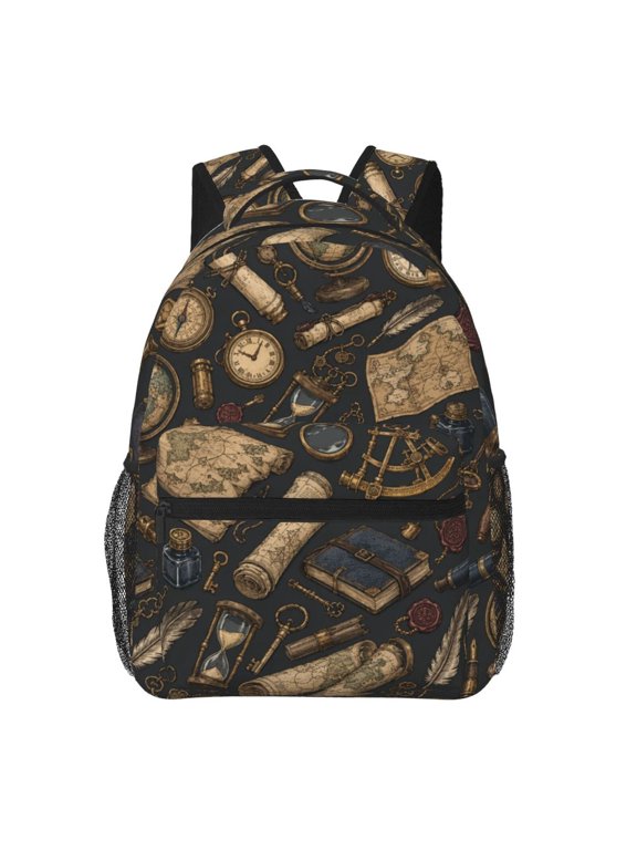 Vintage Explorer Cartography Doodle Backpack Casual College Bag Zipper Laptop Daypack Hiking Rucksack Travel