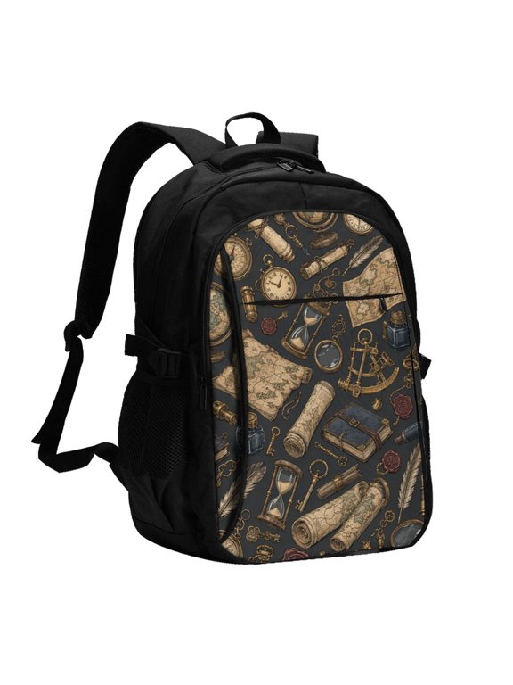 Vintage Explorer Cartography Doodle Laptop Backpack with USB Charging Headphone Port Casual Daypack Bag College Business Travel