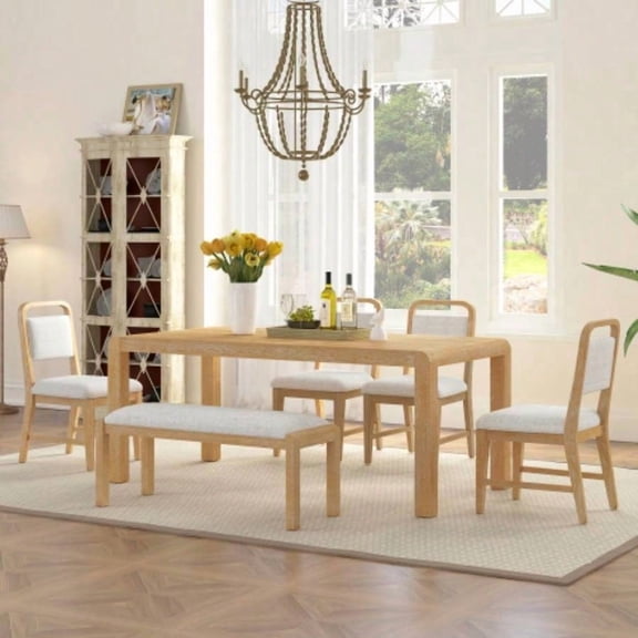 Vintage Extendable Dining Table Set for 4-6 People, 4 Upholstered Chairs, Curved Design, Rustic Finish, for Kitchen Dining Room