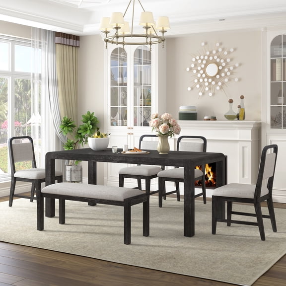 Vintage Extendable Dining Table Set for 4-6 with 4 Upholstered Chairs, Rustic Curved Design for Kitchen Dining Room