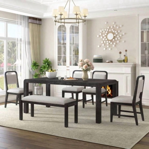 Vintage Extendable Dining Table Set for 4-6 with 4 Upholstered Chairs, Rustic Curved Design for Kitchen Dining Room