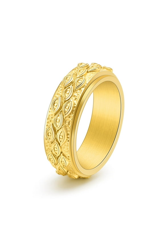 Vintage Eye of God Rotatable Double Ring 14K Yellow Gold Men's Eye Stress Relief Anxiety Ring Fidget Spinner