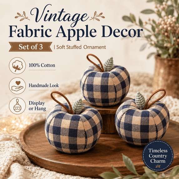 Vintage Fabric Apple Decor, 3-Piece Stuffed Cotton Apple Ornaments, Blue Gingham Farmhouse Table Centerpiece, Hanging Fall Christmas Home Decor for Mantel, Shelf, Dining Room
