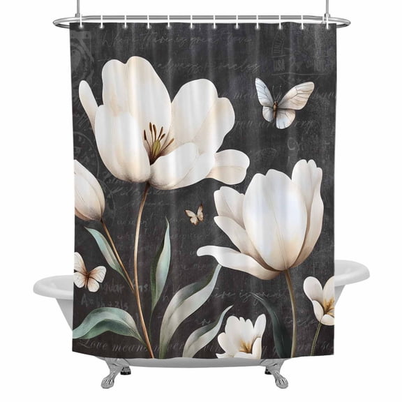 Vintage Fabric Shower Curtain, White Magnolia Flower Farmhouse Bathroom Curtain with 12 Hooks Waterproof Machine Cloth Shower Curtain for Bathroom, Bathtub, Spa Room, 48x72 Inch