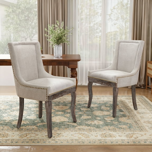 DONICK Vintage Fabric Upholstered Dining Chairs,Solid Wood Kitchen Dining Room Chairs with Nailheads Solid Wood Legs (Beige,Set of 2)
