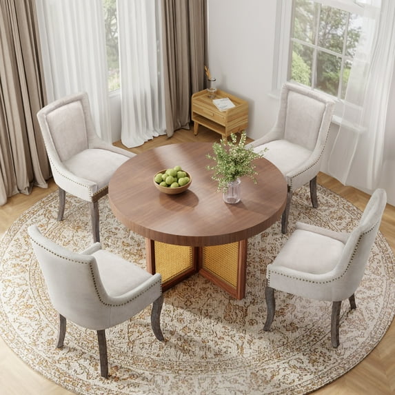 DONICK Vintage Fabric Upholstered Dining Chairs,Solid Wood Kitchen Dining Room Chairs with Nailheads Solid Wood Legs (Beige,Set of 4)