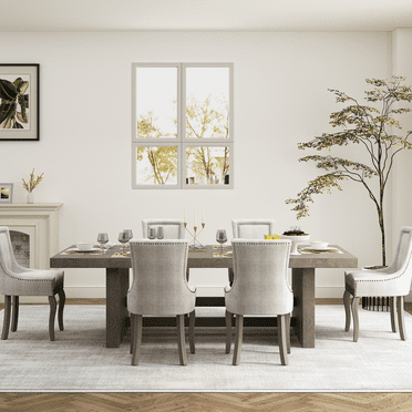 DONICK Vintage Fabric Upholstered Dining Chairs,Solid Wood Kitchen Dining Room Chairs with Nailheads Solid Wood Legs (Beige,Set of 6)