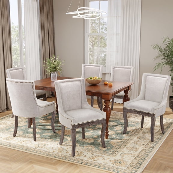 DONICK Vintage Fabric Upholstered Dining Chairs,Solid Wood Kitchen Dining Room Chairs with Nailheads Solid Wood Legs (Beige,Set of 6)