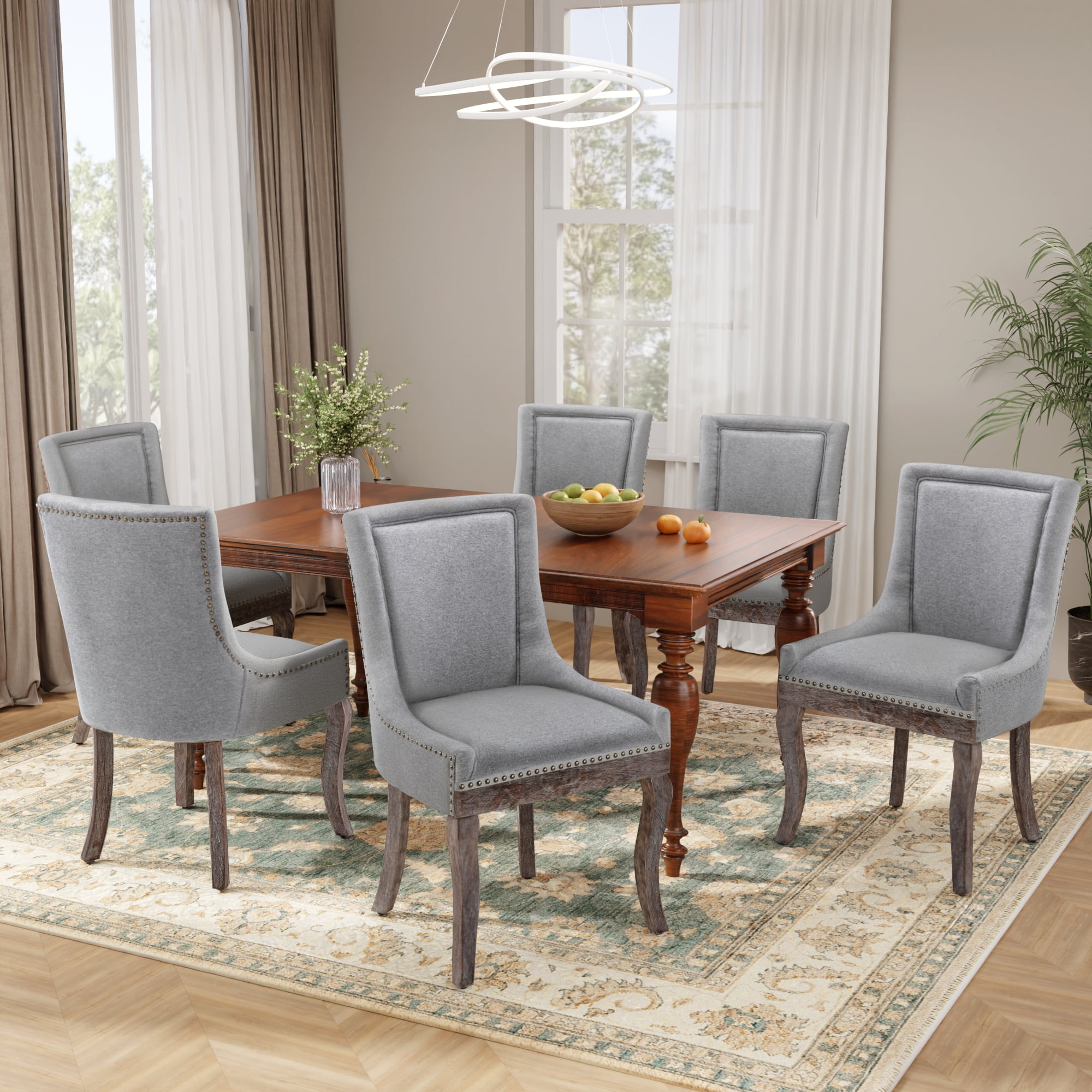 DONICK Vintage Fabric Upholstered Dining Chairs,Solid Wood Kitchen Dining Room Chairs with Nailheads Solid Wood Legs (Gray,Set of 6)