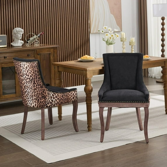 DONICK Vintage Fabric Upholstered Dining Chairs,Solid Wood Kitchen Dining Room Chairs with Nailheads Solid Wood Legs (Leopard,Set of 2)