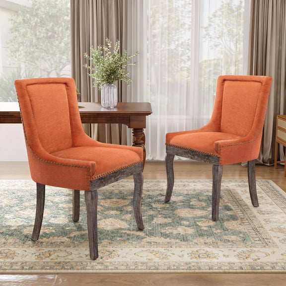 DONICK Vintage Fabric Upholstered Dining Chairs,Solid Wood Kitchen Dining Room Chairs with Nailheads Solid Wood Legs (Orange,Set of 2)