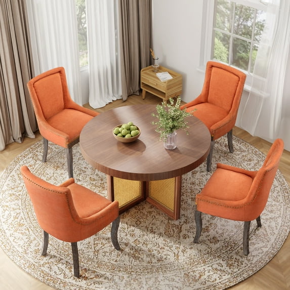 DONICK Vintage Fabric Upholstered Dining Chairs,Solid Wood Kitchen Dining Room Chairs with Nailheads Solid Wood Legs (Orange,Set of 4)
