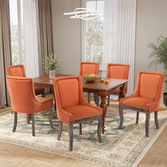 DONICK Vintage Fabric Upholstered Dining Chairs,Solid Wood Kitchen Dining Room Chairs with Nailheads Solid Wood Legs (Orange,Set of 6)
