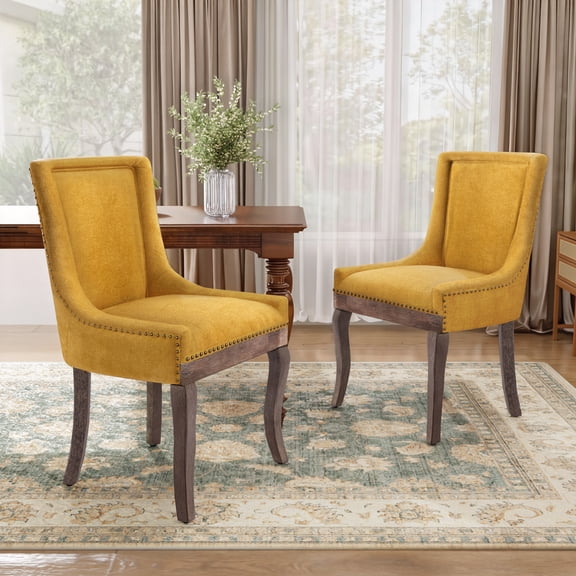 DONICK Vintage Fabric Upholstered Dining Chairs,Solid Wood Kitchen Dining Room Chairs with Nailheads Solid Wood Legs (Yellow,Set of 2)